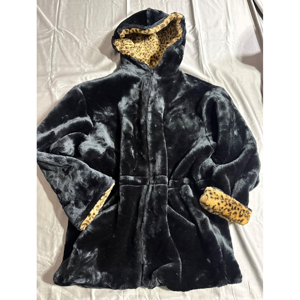 Young Gallery Womens Faux Fur Hooded Jacket‎ Black Leopard Print Trim Large USA